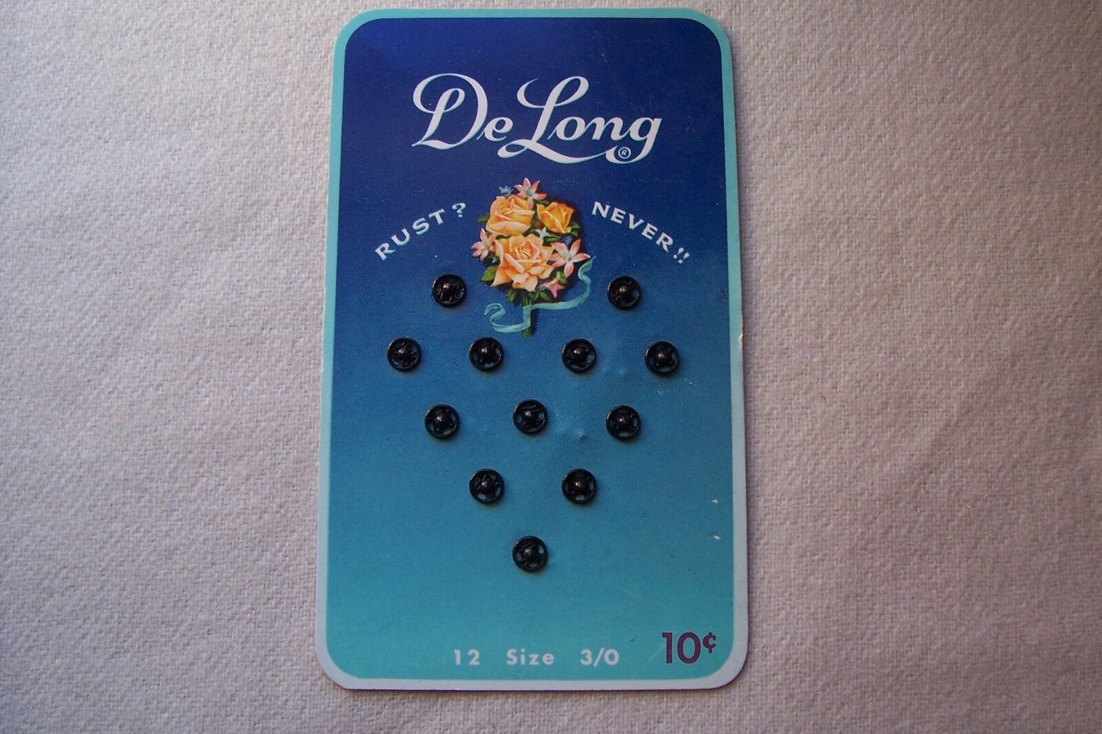 Vtg Collectible Card Of Snap Fasteners Delong Silver  Size 3/0