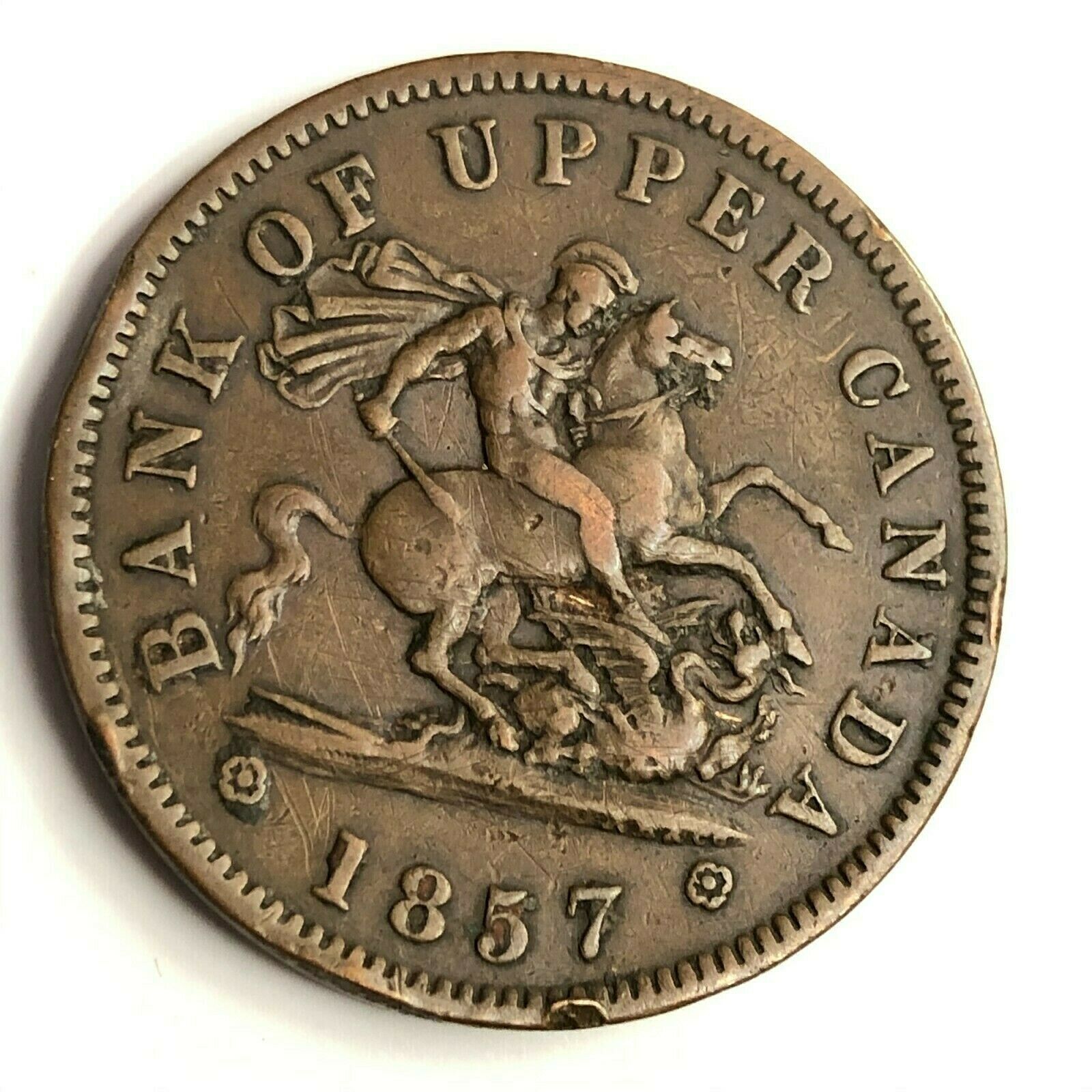 1857 Bank Of Upper Canada One Penny, St George & Dragon Token, Km#tn3