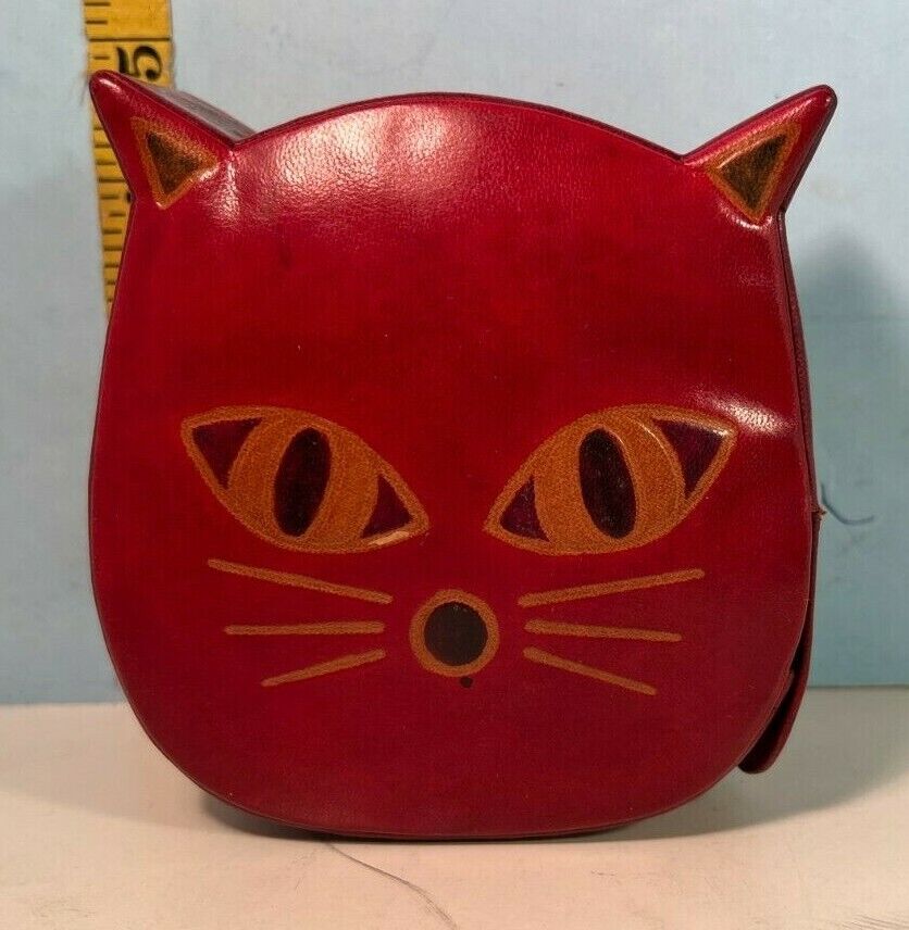 Vintage Red Leather Stamped Kitty Cat Bank