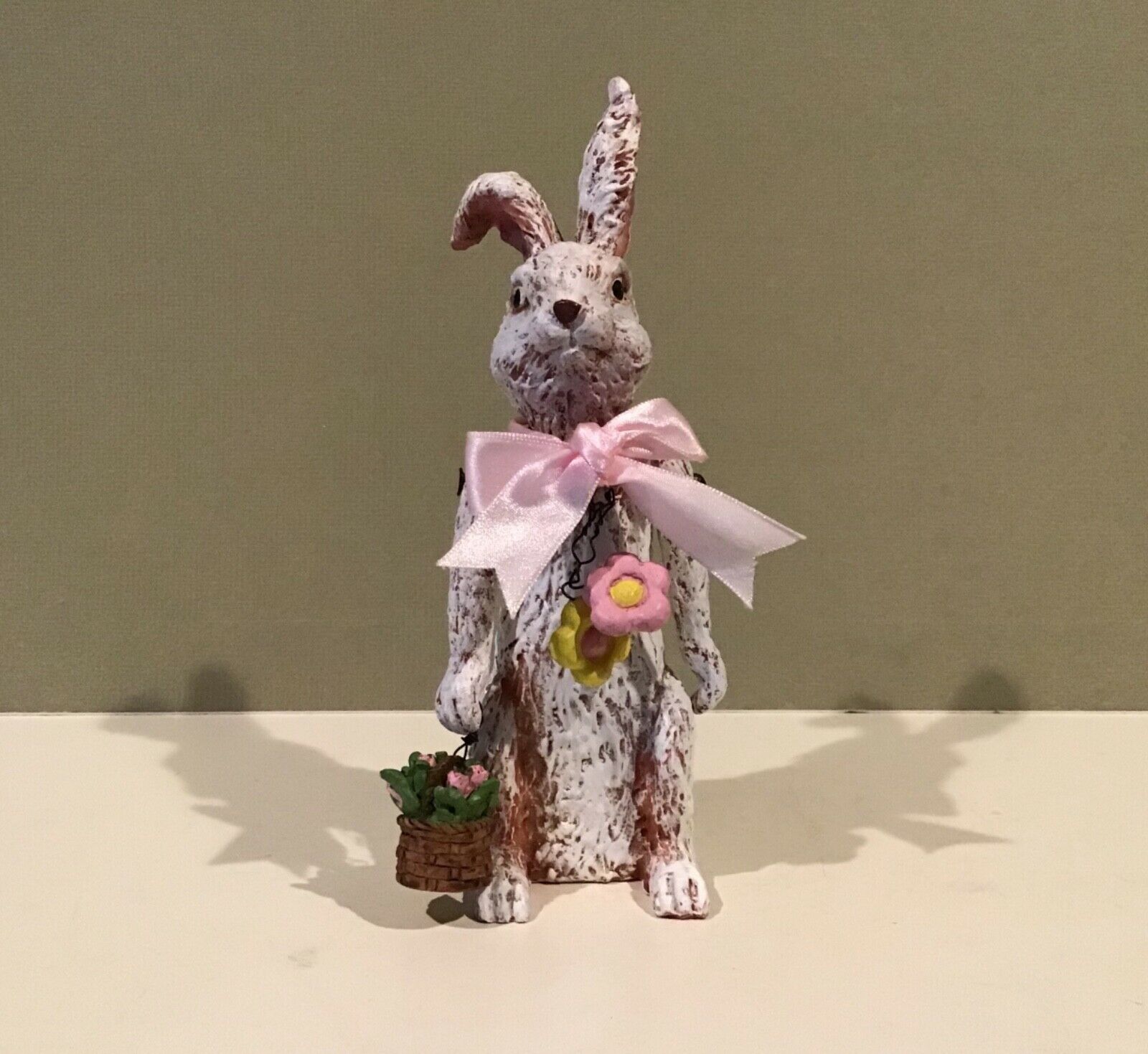 Bobble Head Resin Rabbit Figurine Movable Arms Flower Basket