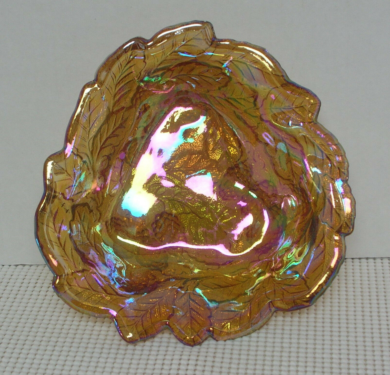 Vint Amber Carnival Glass Candy Nut Dish Marigold Bowl Grapes Leaves Irridescent