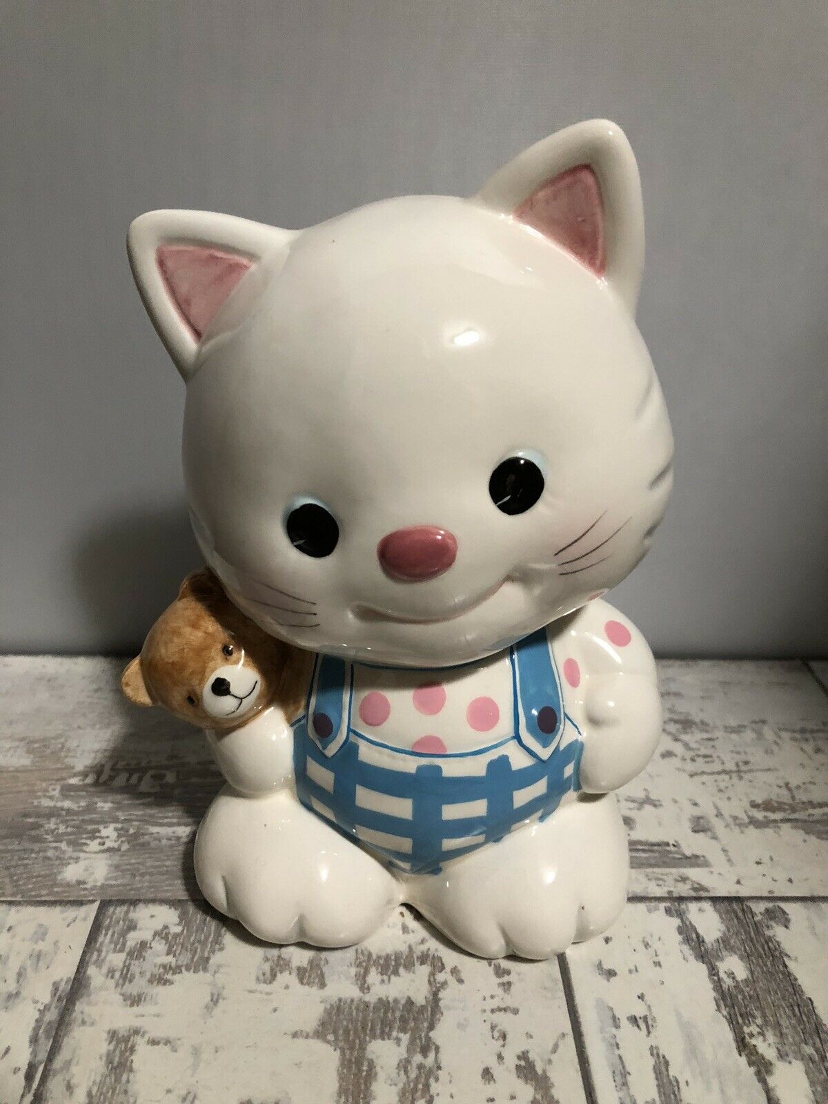 Vintage Gio Z. Lefton China White Kitty Cat And Teddy Bear Bank Hand Painted