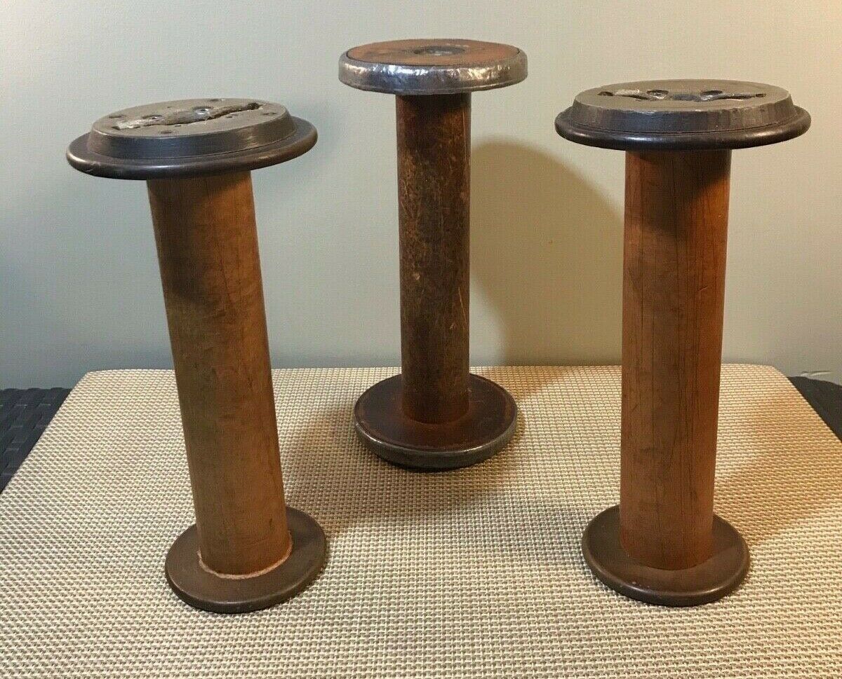 Set Of 3 Wood Thread Spools Industrial Textile Wooden Display Vintage Industrial