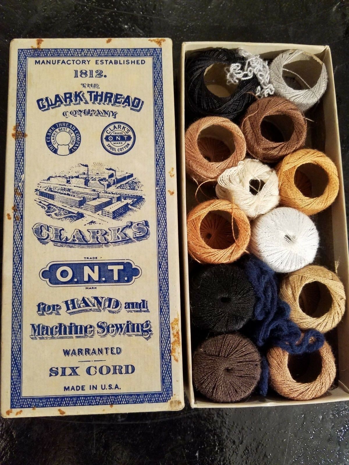 Clark's Thread Co O.n.t Box For Six Cord Thread With Full Original Thread Spools