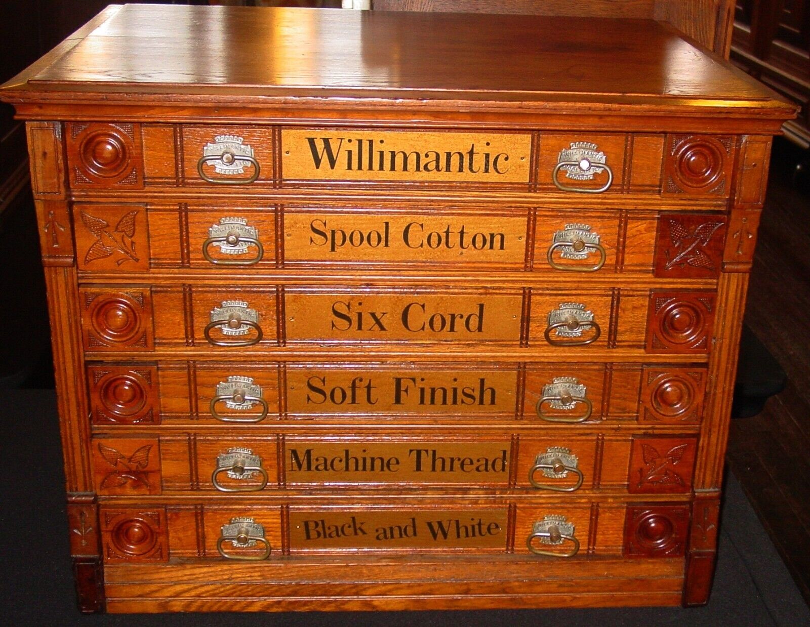 Exceotional Antique Willimantic Spool Thread Cabinet With Owl Motif----15837