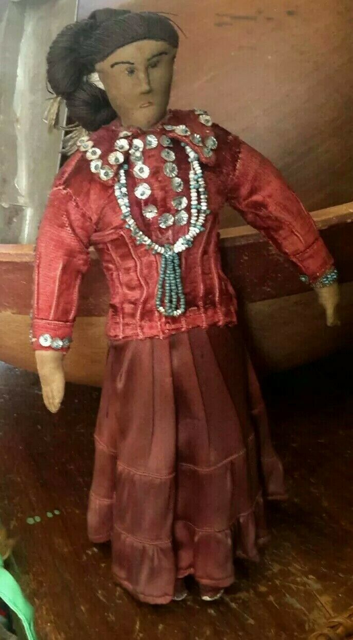 Antique Doll Cloth Native American Hand Made Torquoise Beads 1890s/1900 12"