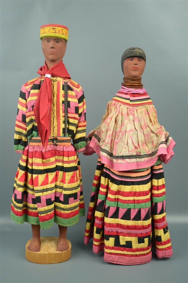 Seminole Carved Wood Dolls 14" Man 13" Woman 20th Century Native American Fl