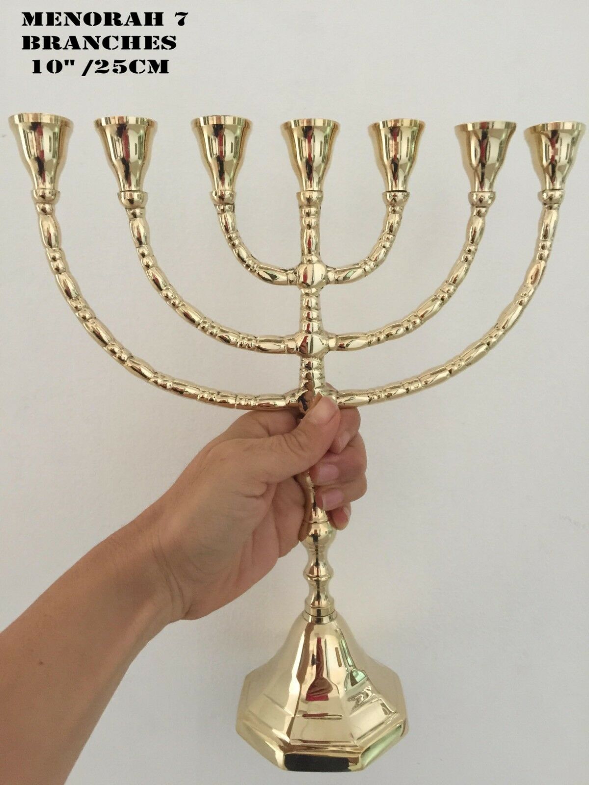 Amazing Classic Gold Plated Jewish Menorah 7 Branches 10" /25cm Painted Candle