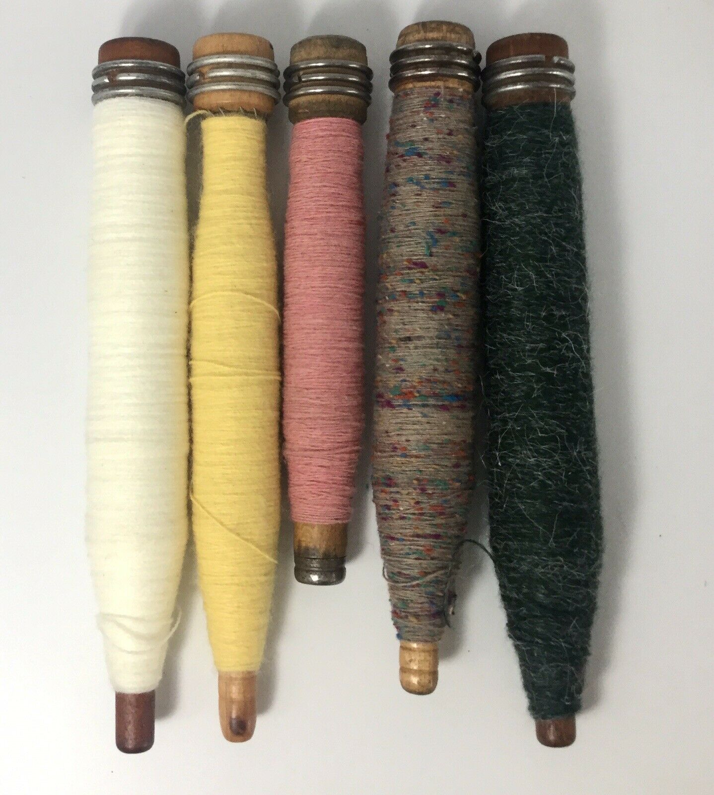 Vtg. Wooden Sewing Bobbins With Thread/yarn Set Of 5 Lot 6