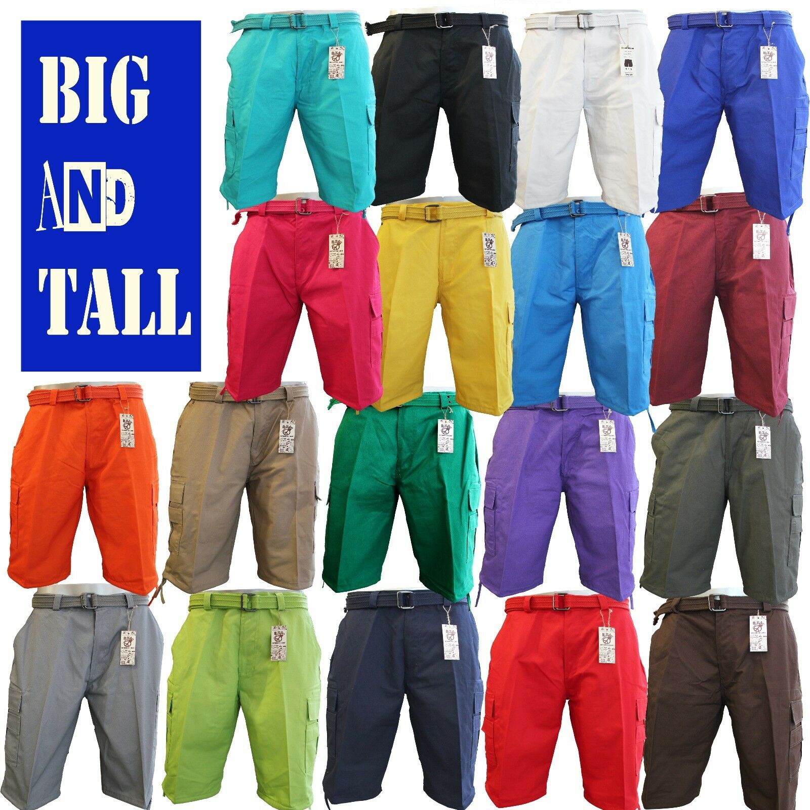Men Big And Tall Btl Cargo Shorts With Belt Cotton Twill 18 Colors Size 44 ~ 56