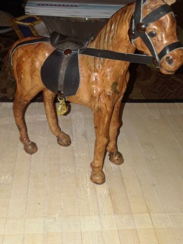 Vtg Leather Horse Figurine. Glass Eye. Saddle, Bridle And Stirrup. 7.5 X 7.5 In.